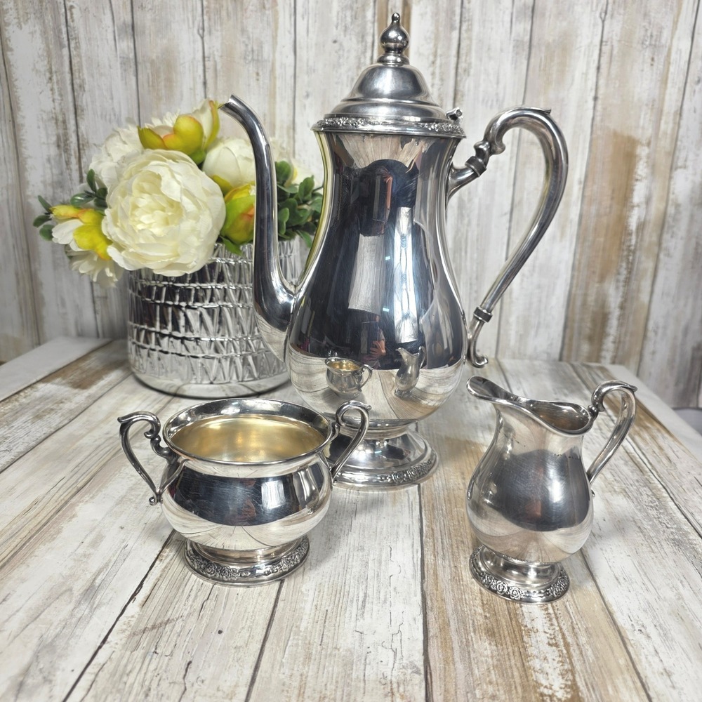 Vintage Silver Plated Coffee Pot Sugar Bowl and Creamer Set Floral Trim 3 Piece - Picture 1 of 16